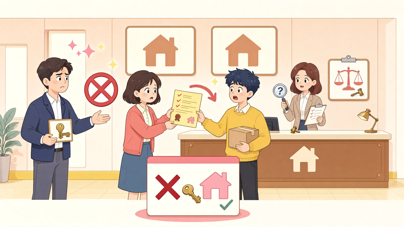 「동의 없는 전대, 계약기간이 남아도 집을 비워야 할까」 상황을 그린 삽화