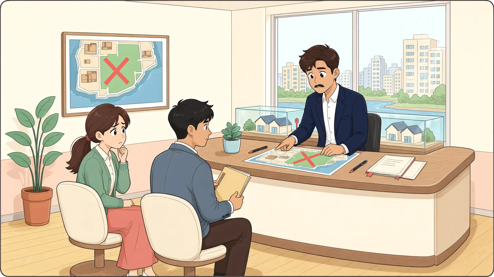「인근 개발에 차질이 생겼다면, 지정 취소를 청구할 수 있을까」 상황을 그린 삽화