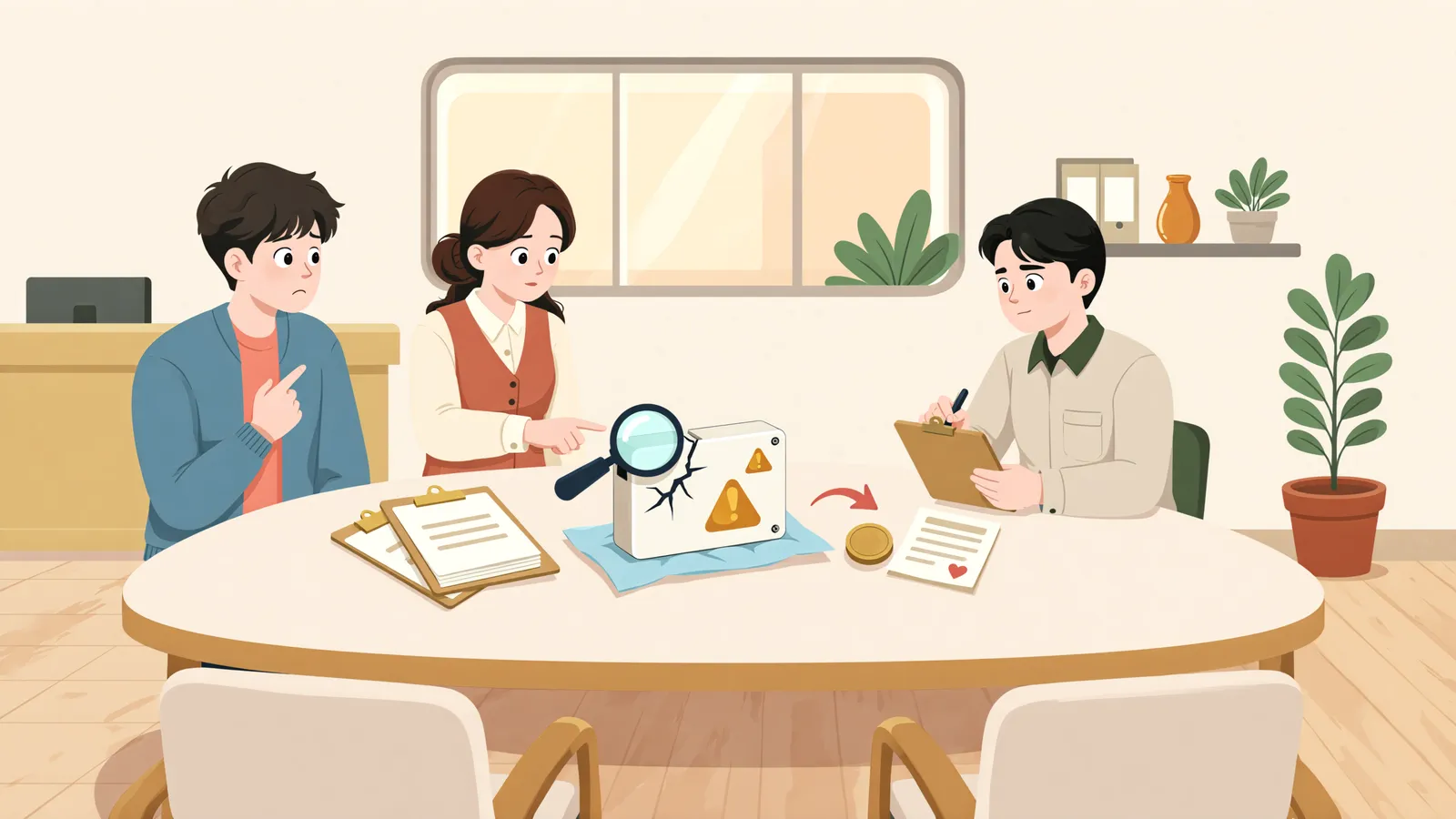 「불이 난 건물, 진압용 물 피해도 시공사가 책임질까」 상황을 그린 삽화