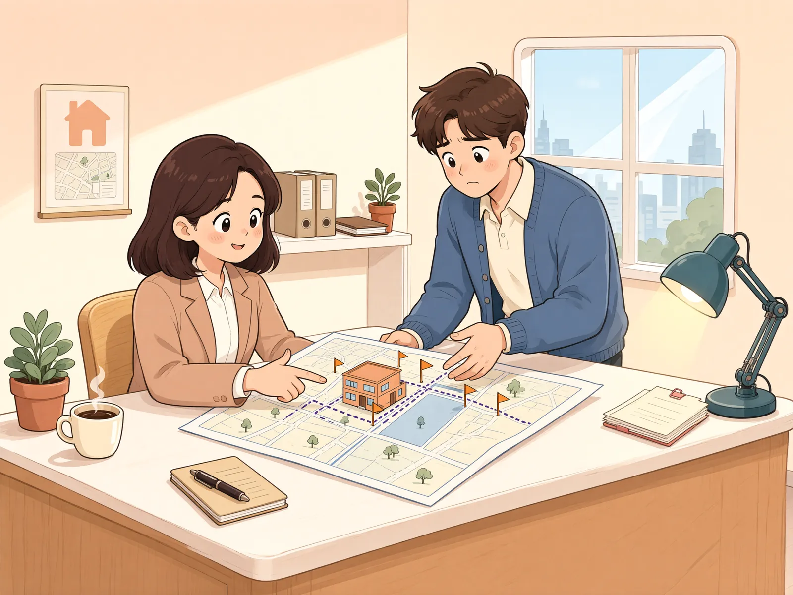 「건물 한 채가 두 필지에 걸쳤다면, 임대인은 전부 사야 할까?」 상황을 그린 삽화