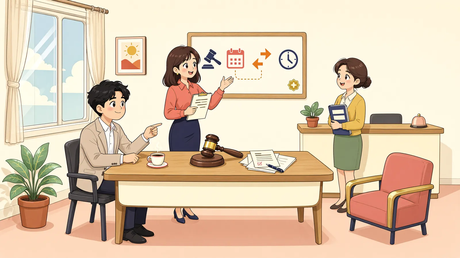 「유체동산 경매기일, 감정이 필요하면 미룰 수 있을까?」 상황을 그린 삽화