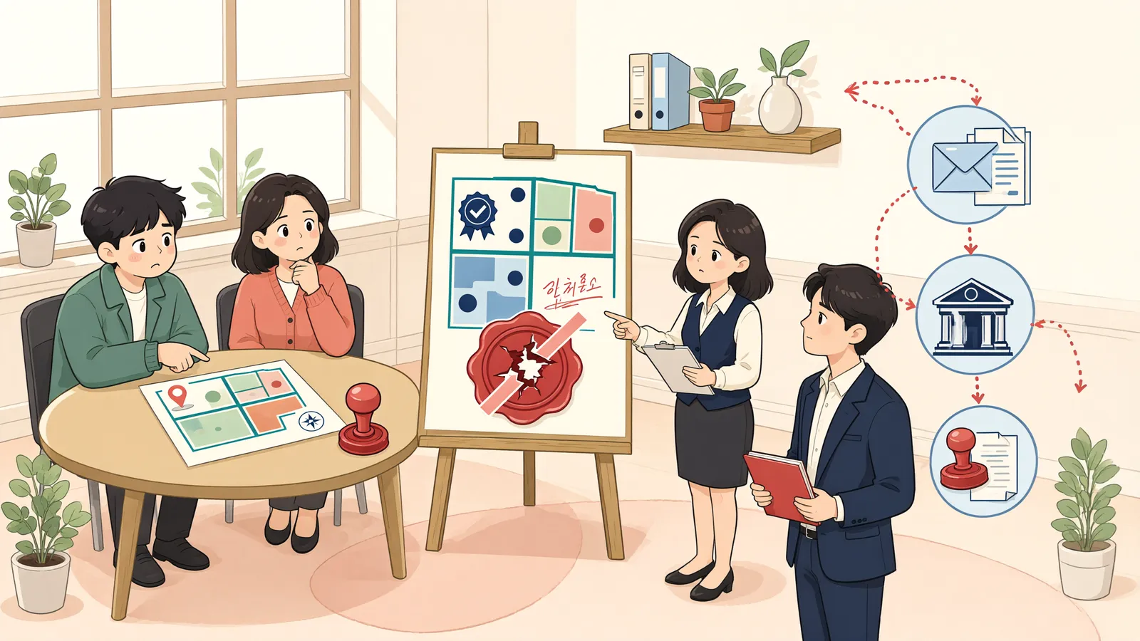 「분할 합의 뒤 상대가 거부한다면, 다시 분할소송을 낼 수 있을까」 상황을 그린 삽화