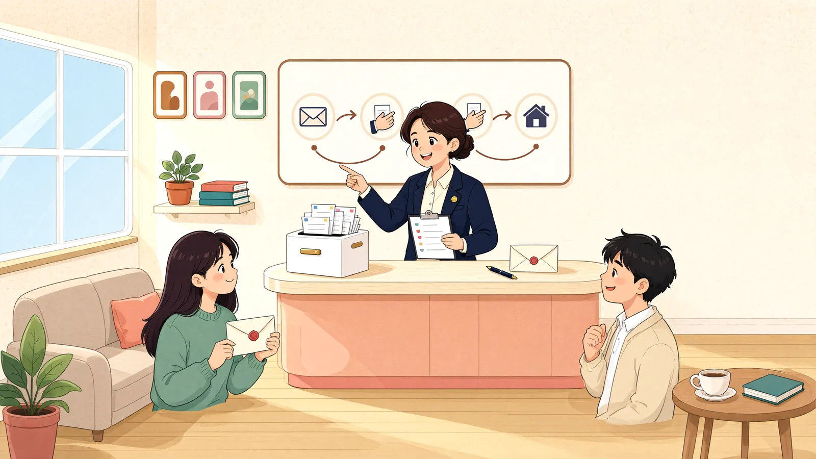 「면책이 확정됐다면, 복권 신청도 해야 할까?」 상황을 그린 삽화