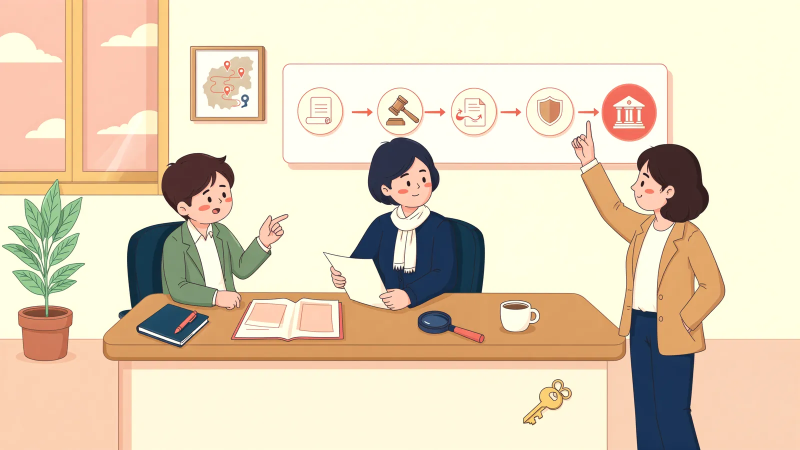 「파산관재인이 소송을 이어받았다면, 항소심은 어디서 계속될까?」 상황을 그린 삽화