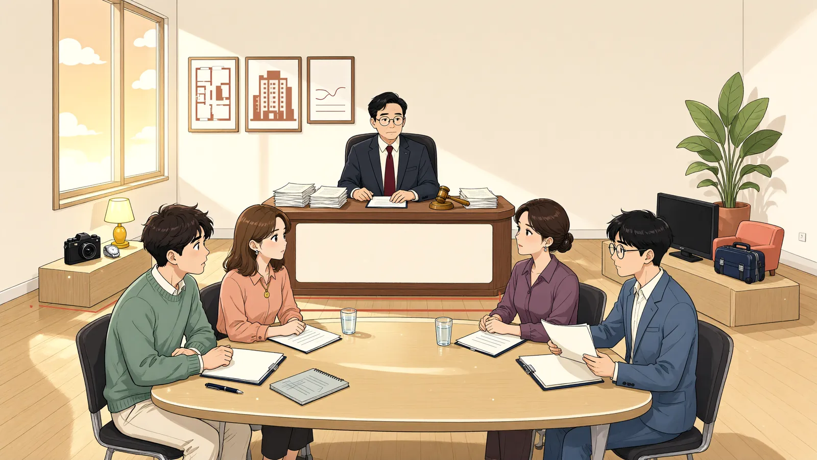 「생계 장비에 압류 표시가 붙었다면, 법원에 변경을 구할 수 있을까」 상황을 그린 삽화