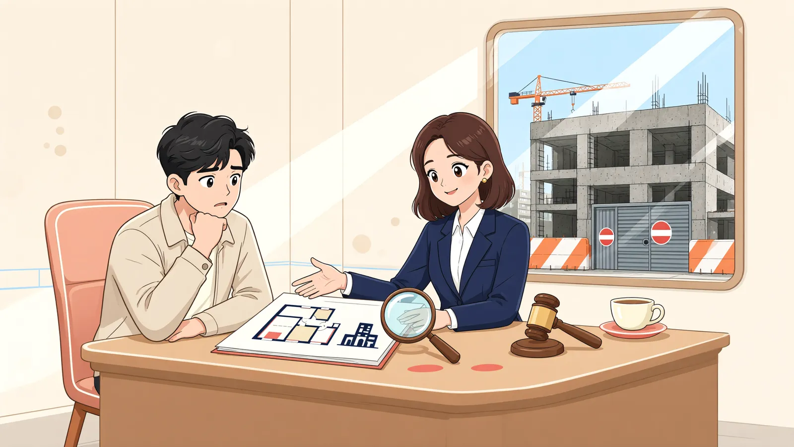 「사용승인 전 건물도 강제경매에 넘길 수 있을까?」 상황을 그린 삽화