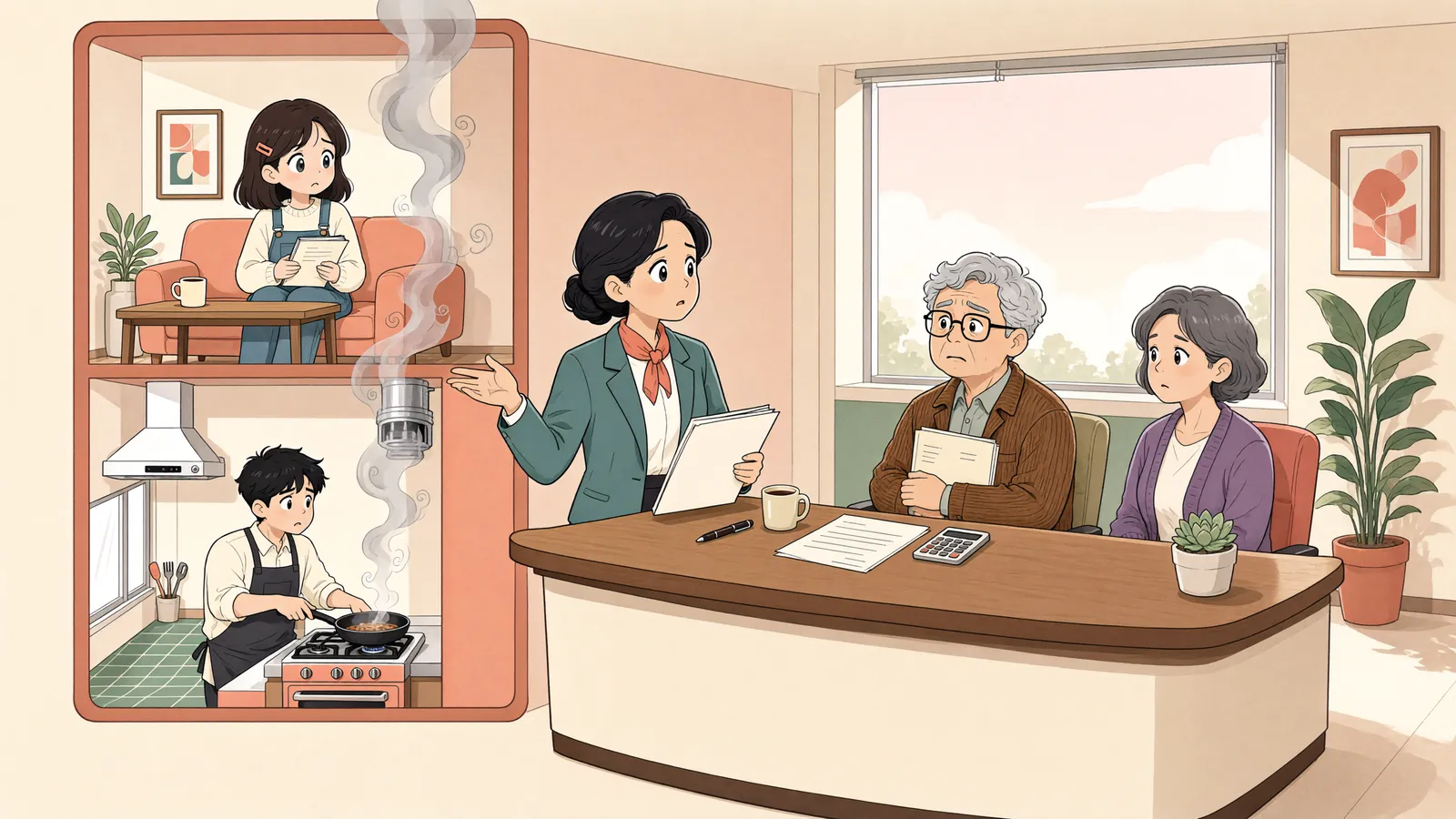 「전세권자의 영업 소음, 이웃이 참아야만 할까」 상황을 그린 삽화