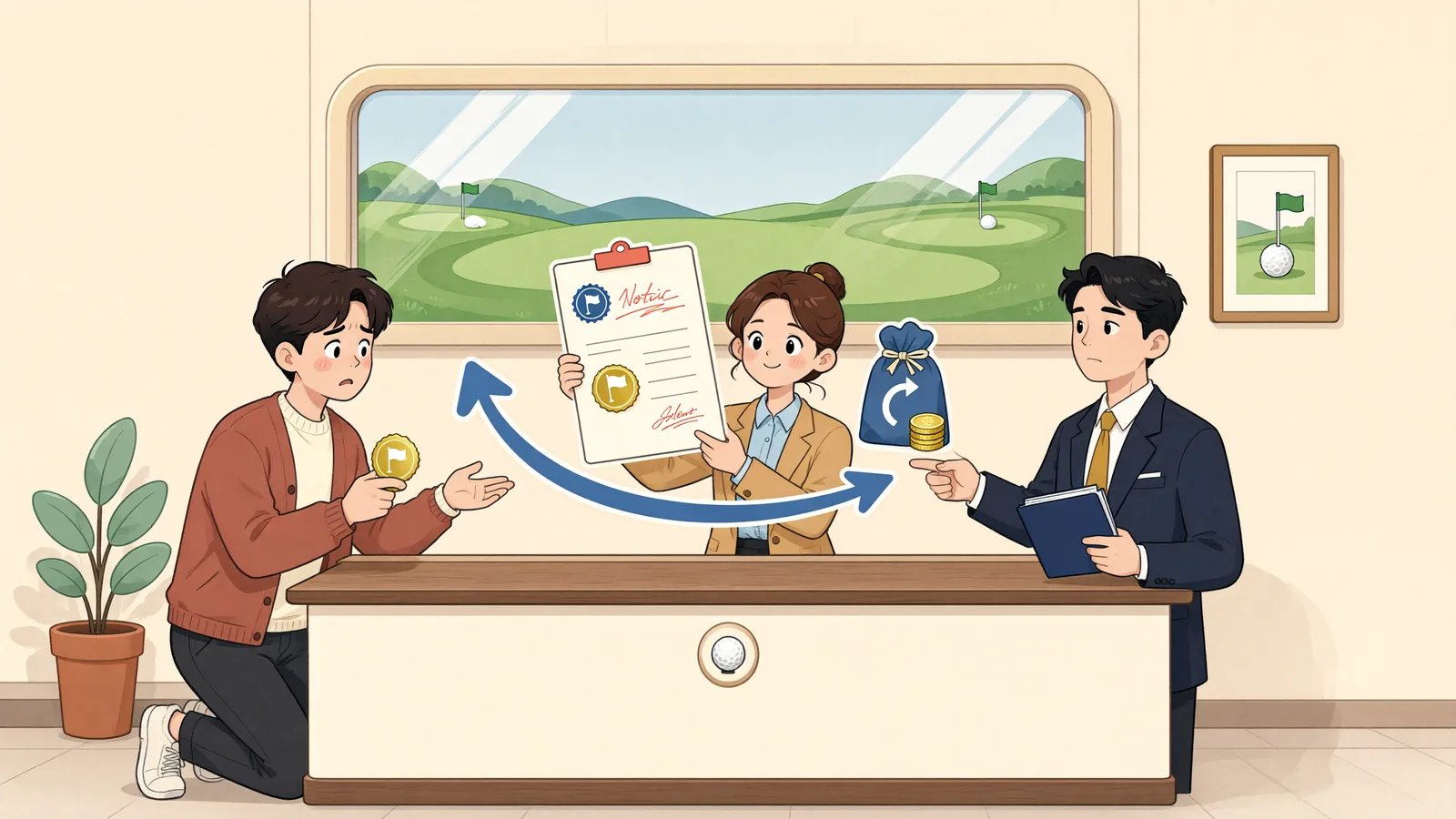 「공사 멈춘 테니스클럽, 계약금은 새 운영자에게 받을 수 있을까」 상황을 그린 삽화