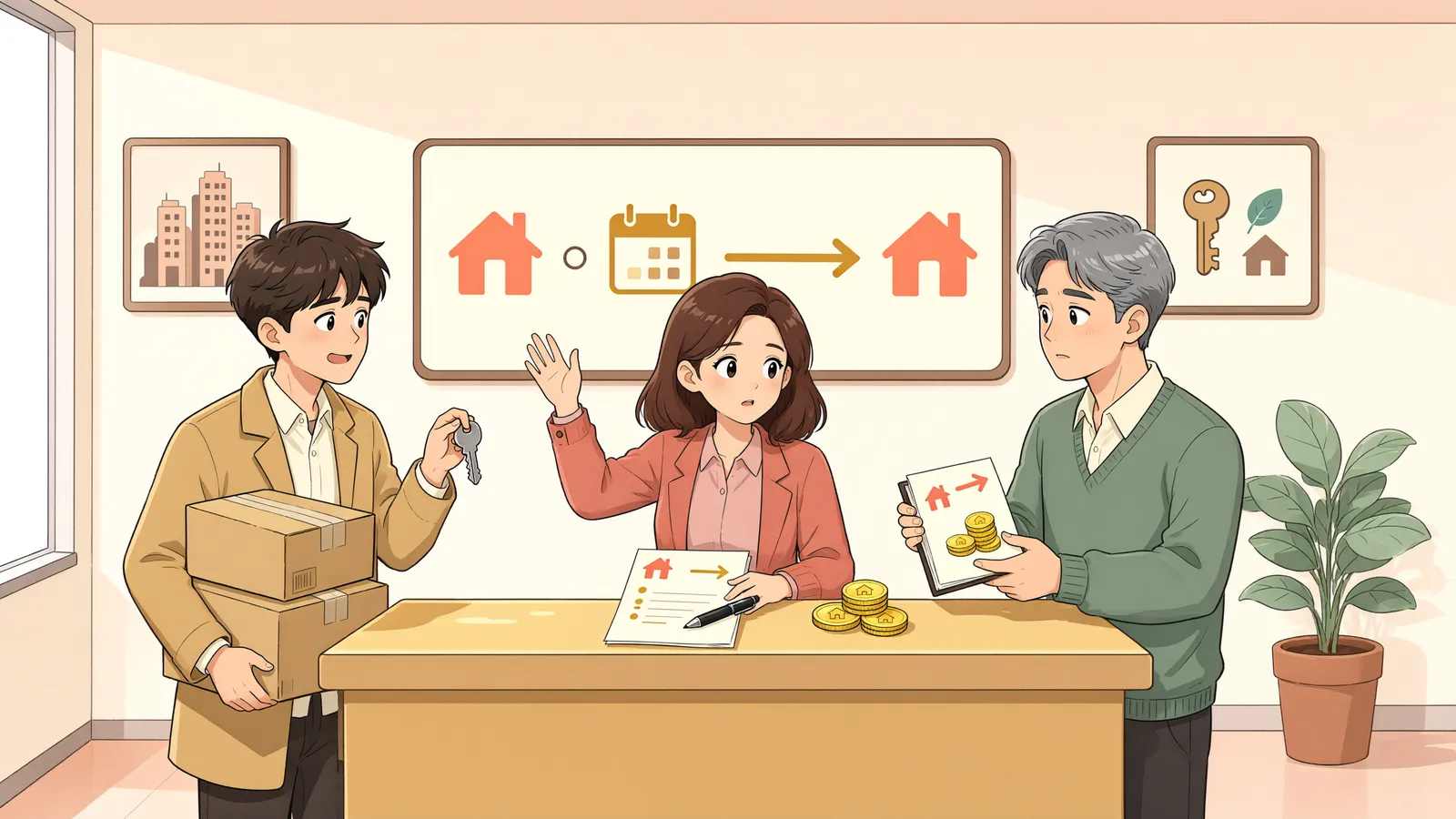 「새 임차인이 들어왔는데도 남은 월세를 모두 내야 할까」 상황을 그린 삽화