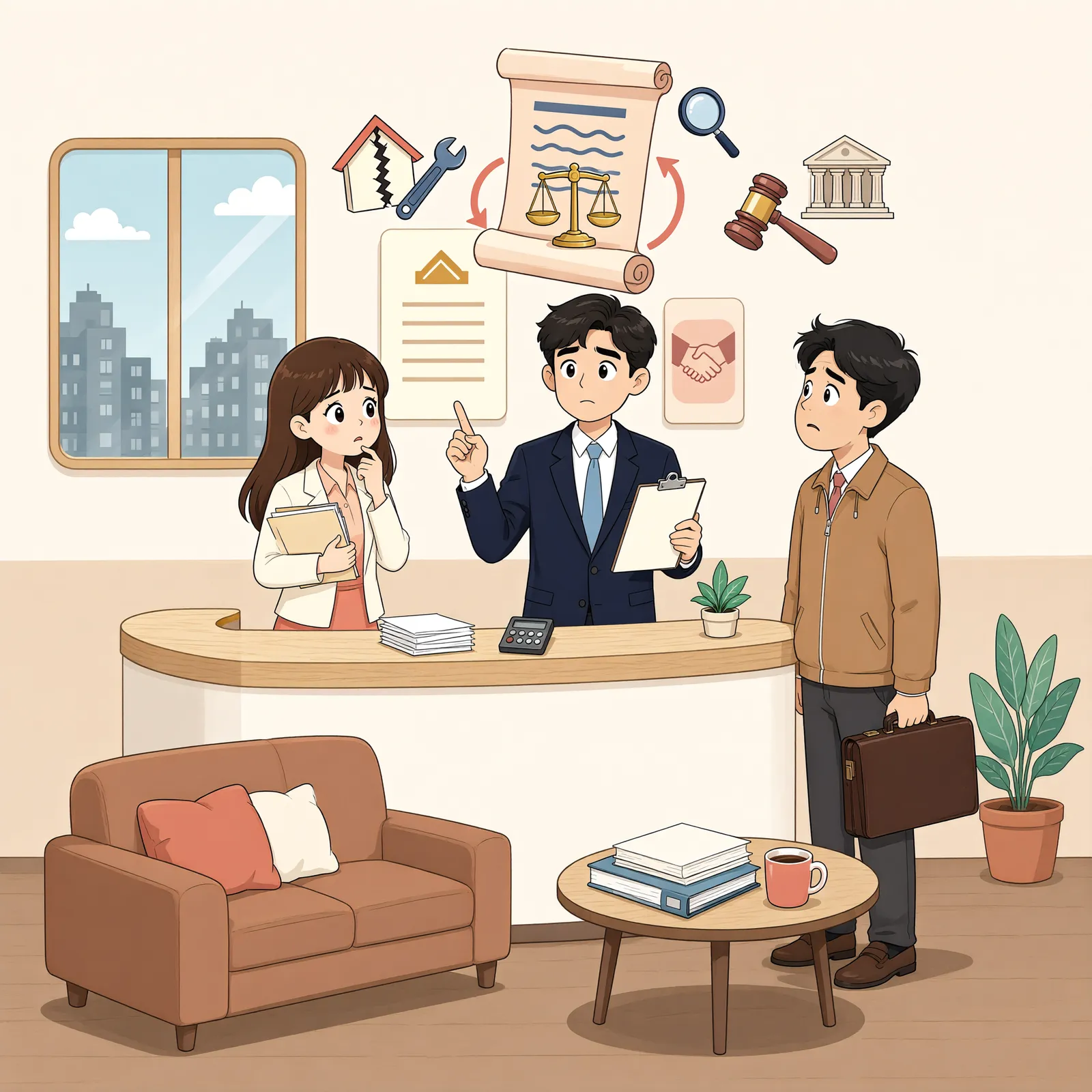 「완공 뒤 드러난 하자, 파산한 시공사에 바로 청구할 수 있을까」 상황을 그린 삽화
