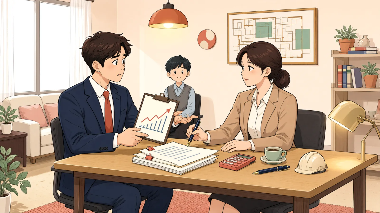 「공사비가 예상보다 늘었다면, 도급대금도 올릴 수 있을까?」 상황을 그린 삽화