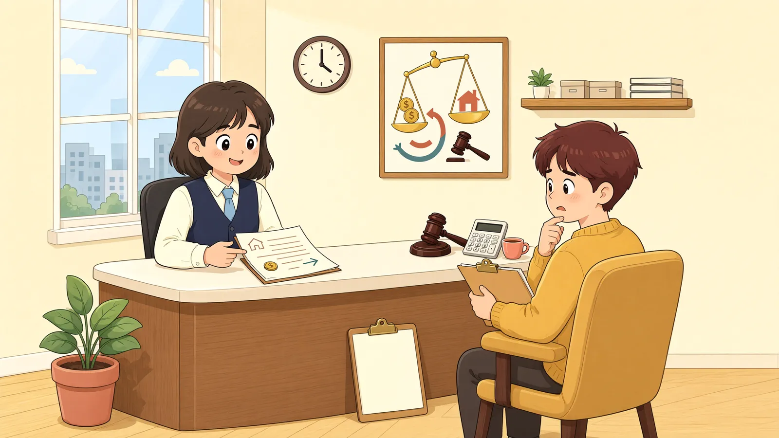 「가집행 판결에 따라 돈을 냈다면, 반환 신청은 어디에 해야 할까」 상황을 그린 삽화