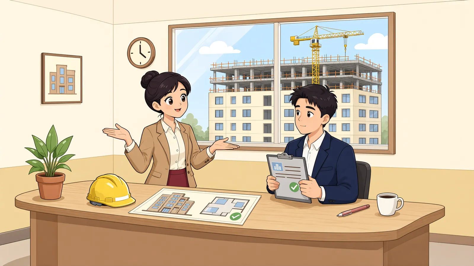 「4층까지 다 지었는데, 먼저 문을 열어도 될까요?」 상황을 그린 삽화