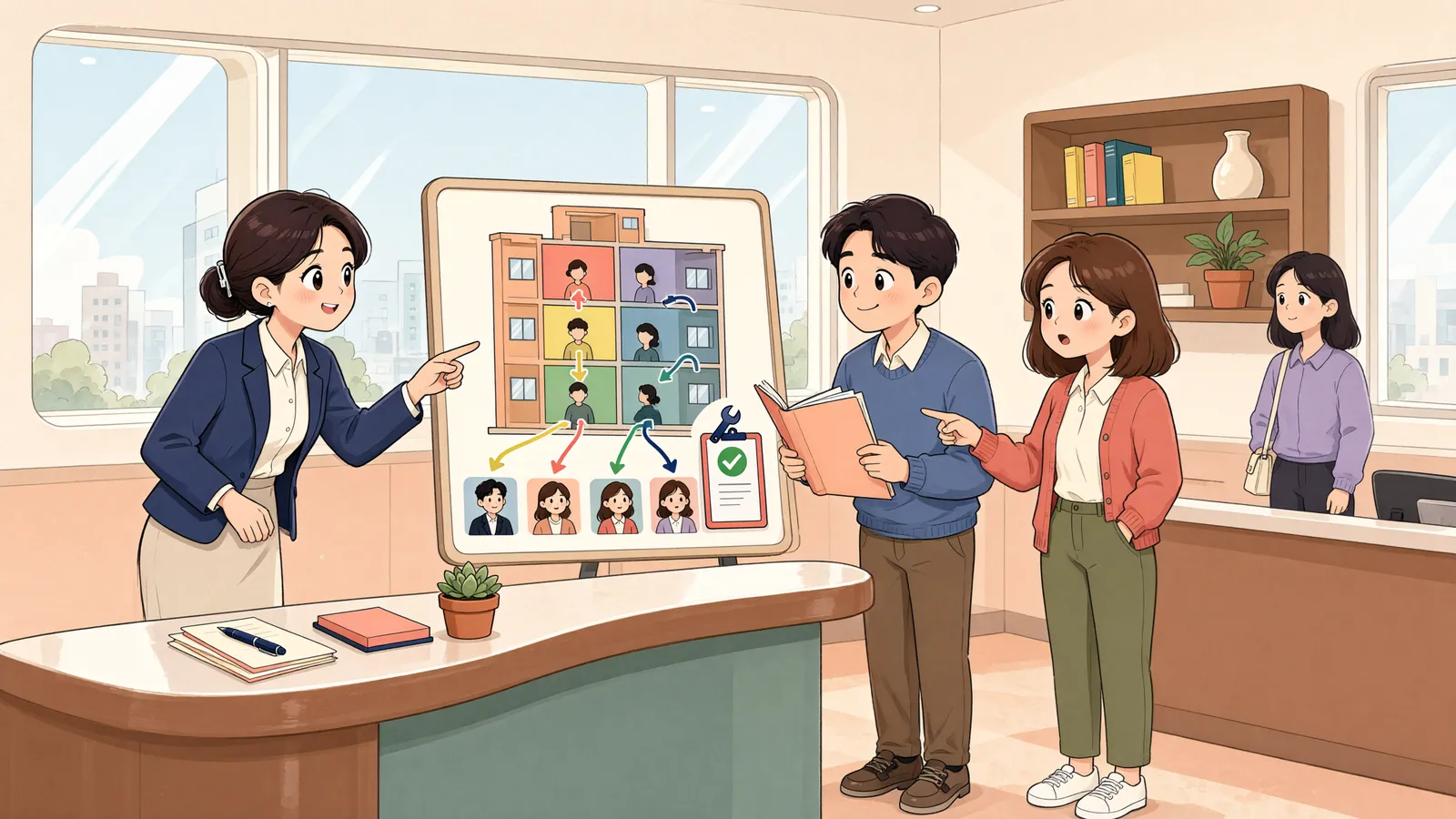「계약한 적 없는 건설사에도 누수 보수를 요구할 수 있을까」 상황을 그린 삽화