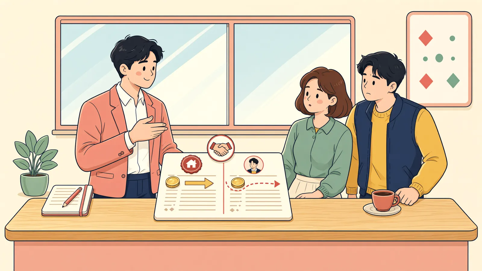 「근저당권 준공유, 배당은 채권액보다 등기 지분이 먼저」 상황을 그린 삽화