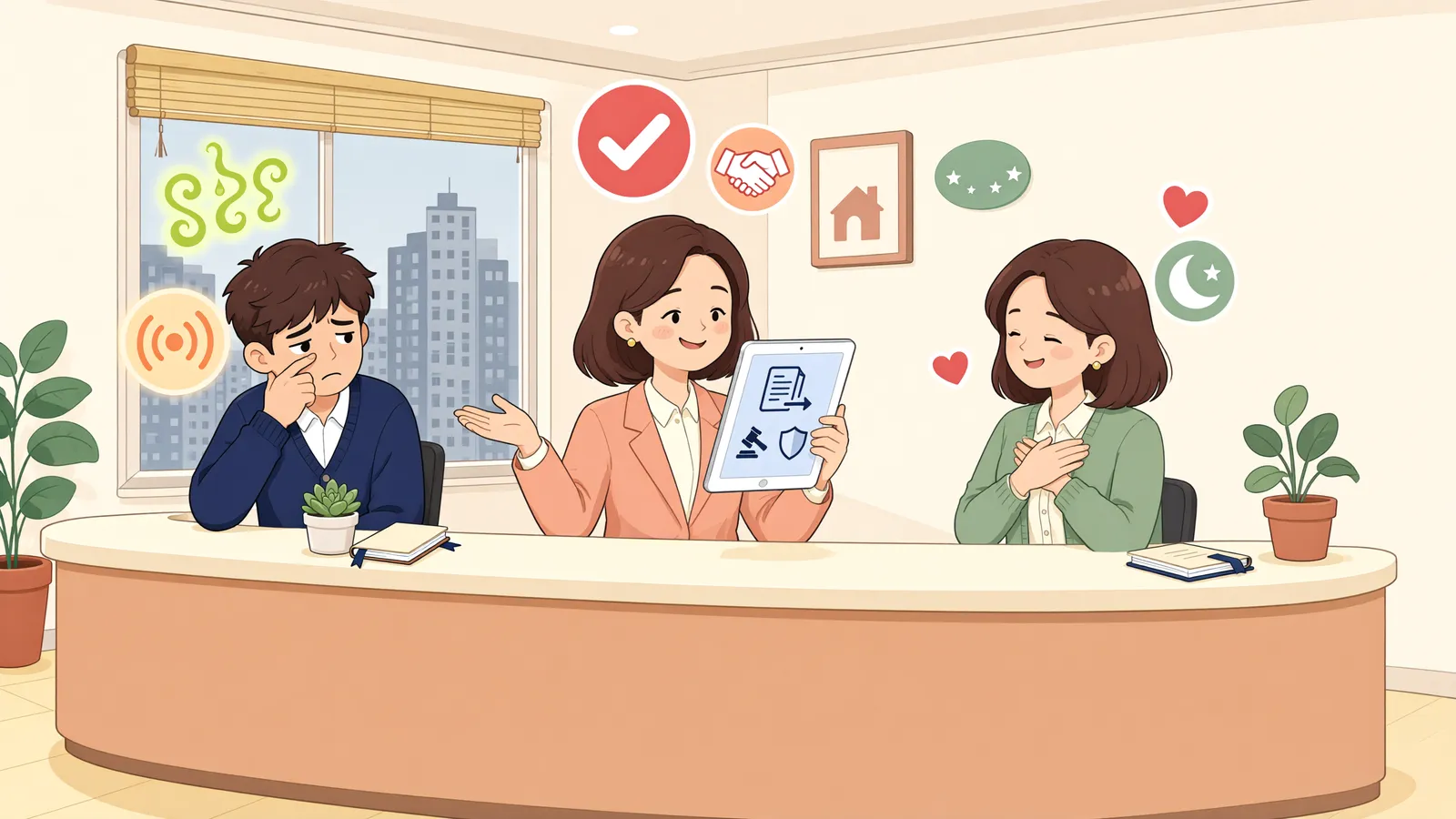 「담장 너머 병원 영안실, 어디까지 참아야 할까」 상황을 그린 삽화
