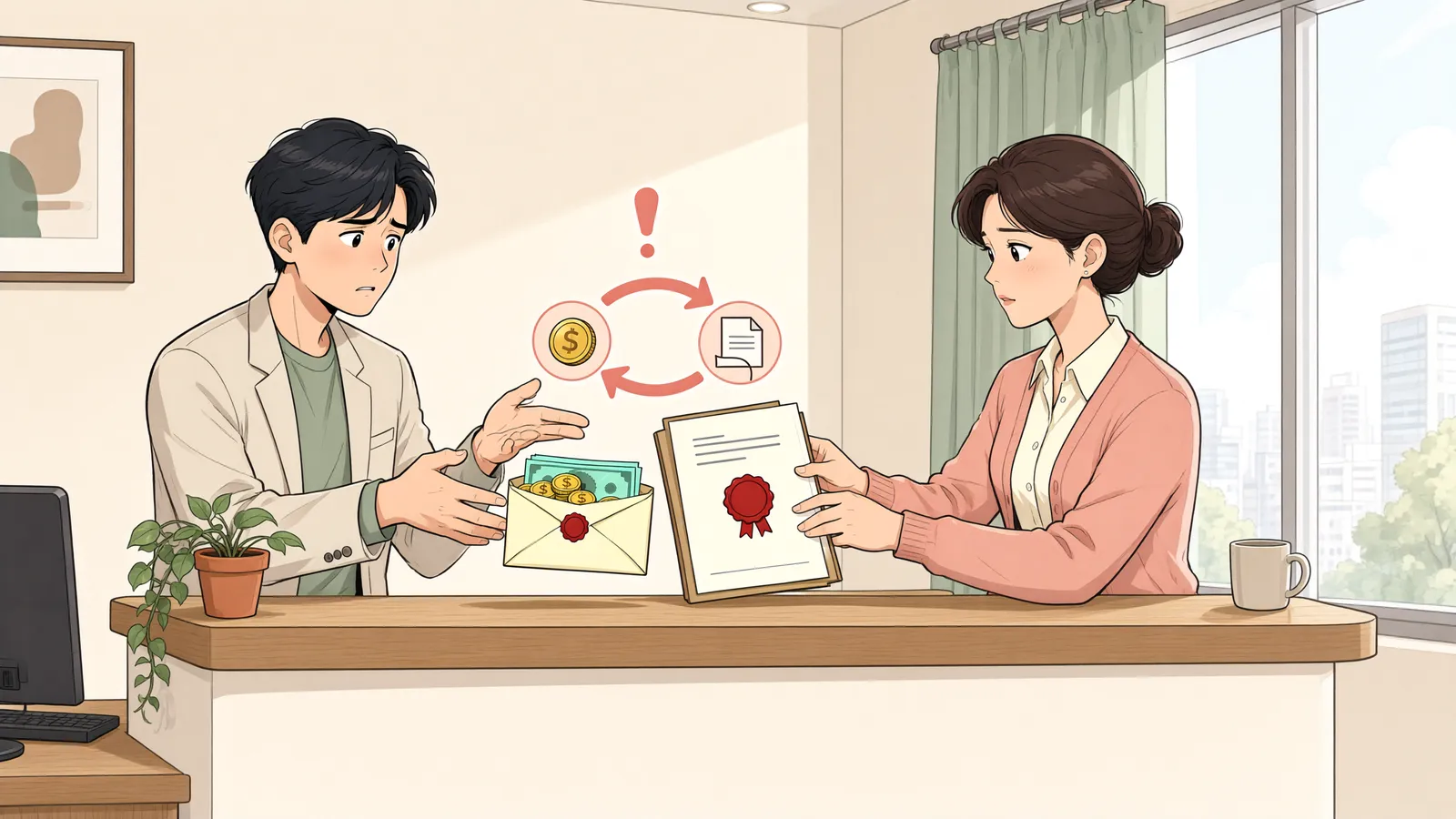 「임차권등기 말소, 보증금보다 먼저 해줘야 할까?」 상황을 그린 삽화
