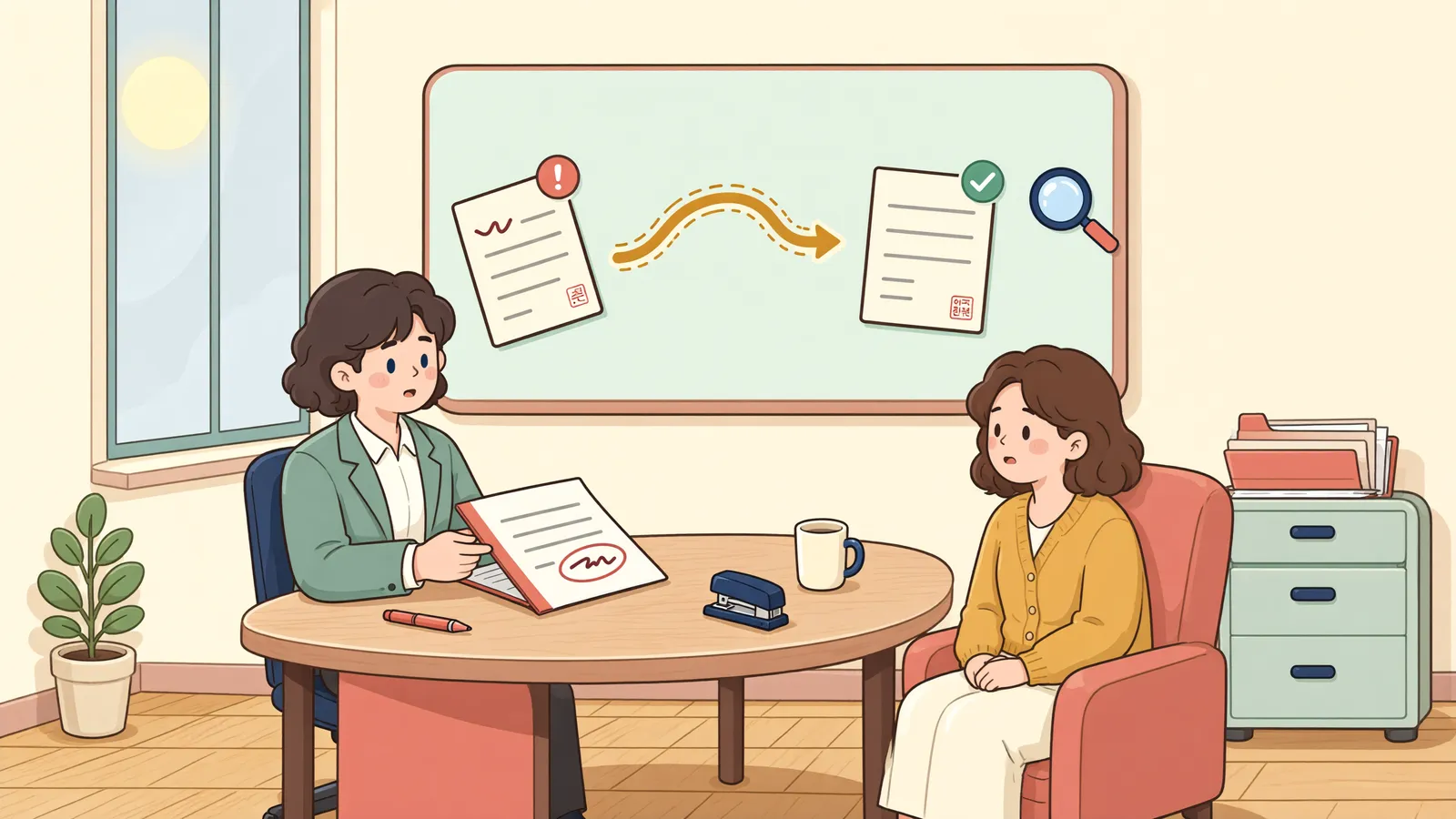 「판결은 2/5만 말소하랬는데, 등기부에선 3/5가 사라졌다」 상황을 그린 삽화