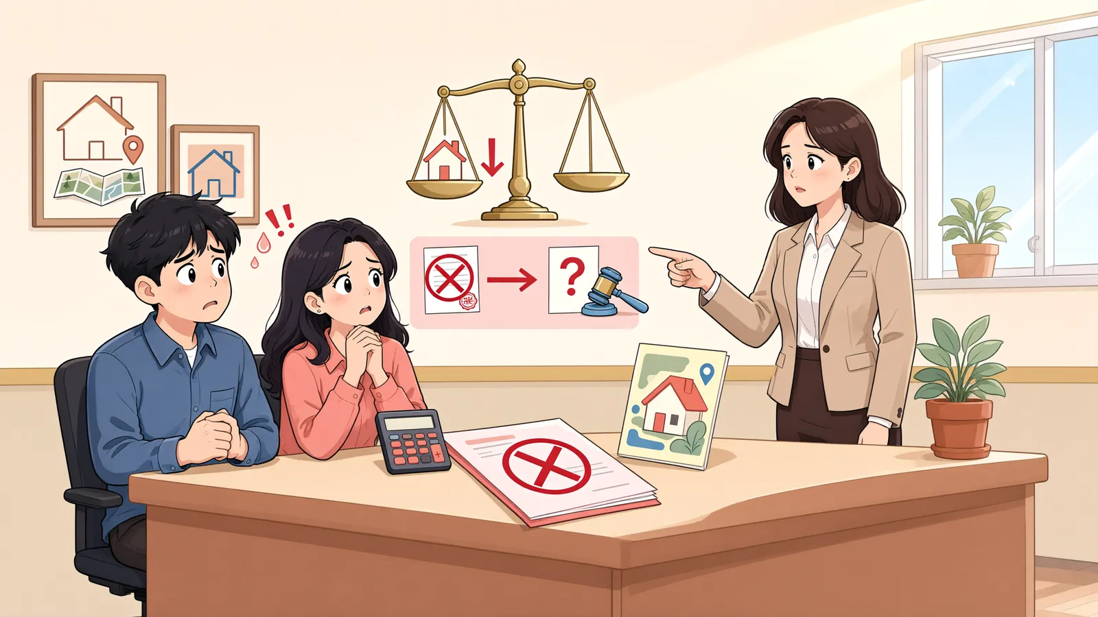 「착공이 급하다고 부른 땅값, 초과분을 돌려받을 수 있을까」 상황을 그린 삽화