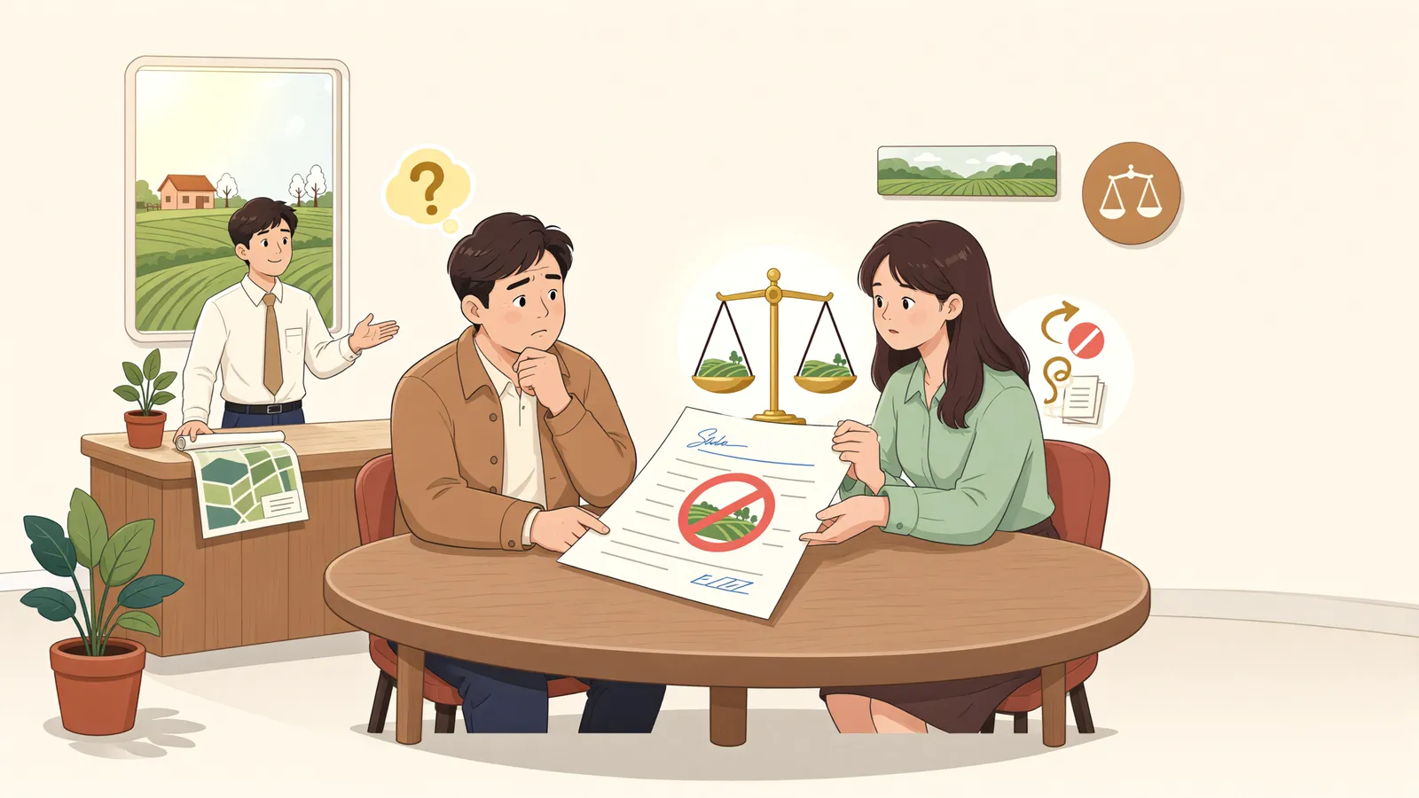 「계약서는 있는데, 농지를 빌릴 권리는 없다고요?」 상황을 그린 삽화
