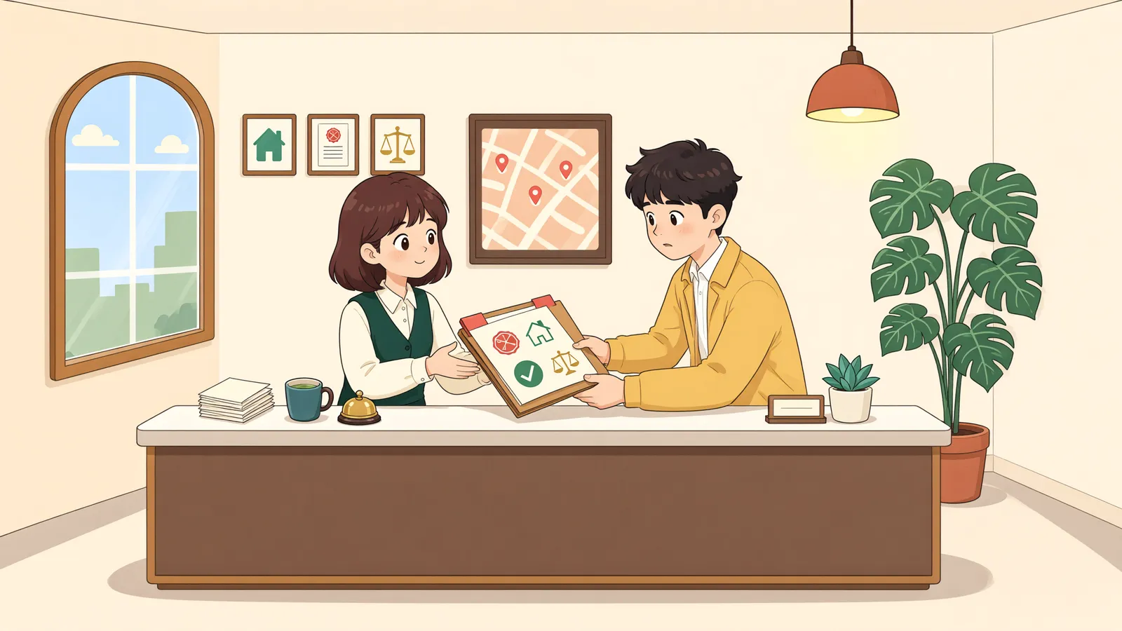 「토지 한복판을 지나는 송전선, 철거 요구가 권리남용일까」 상황을 그린 삽화