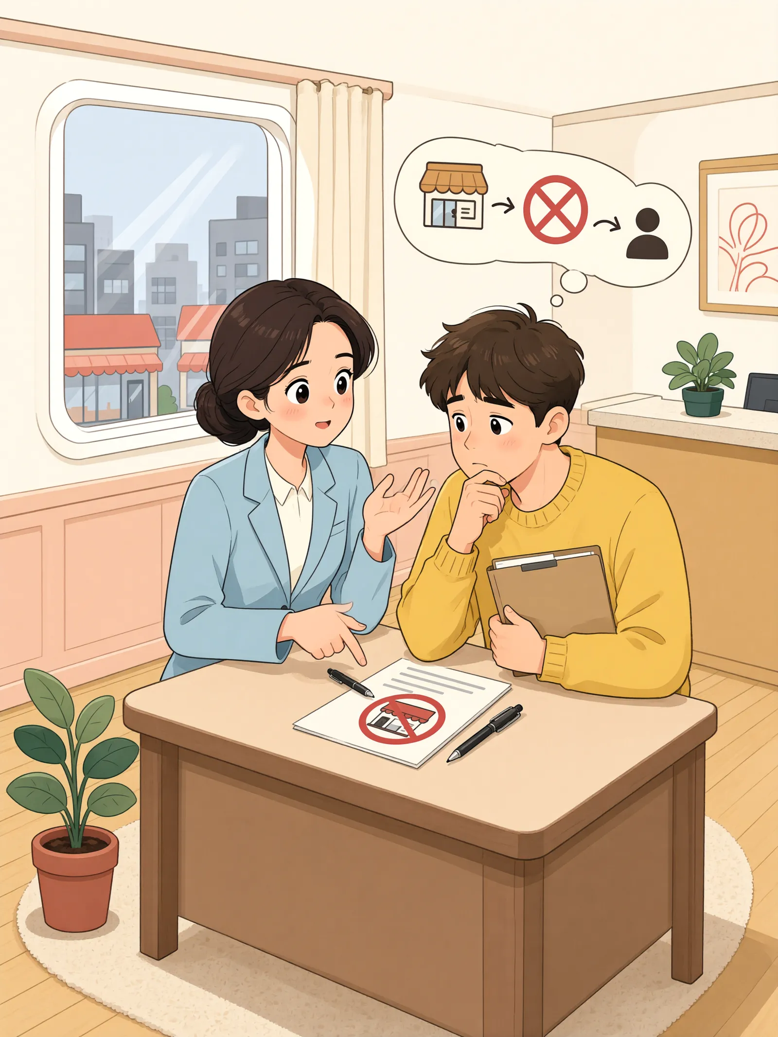 「분양받은 상가, 업종 제한은 새 주인에게도 이어질까」 상황을 그린 삽화