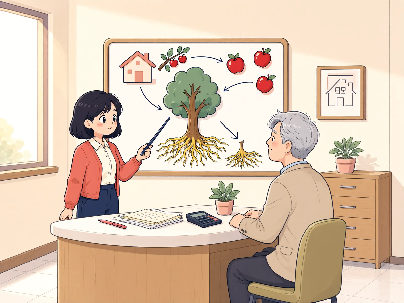 「담을 넘은 살구나무 가지, 바로 잘라도 될까요?」 상황을 그린 삽화