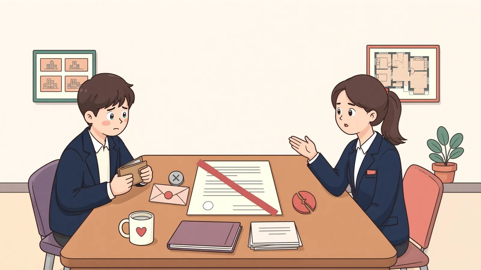 「계약금은 내일 주기로 했는데, 오늘 마음이 바뀌었다면」 상황을 그린 삽화