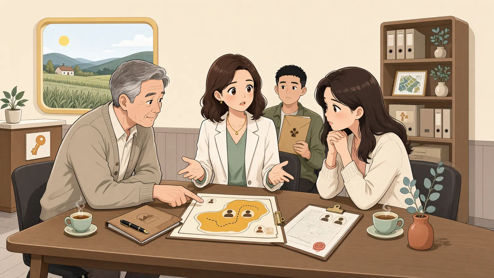「15년 동안 이의가 없었다면, 공유 토지 매매를 받아들인 걸까?」 상황을 그린 삽화
