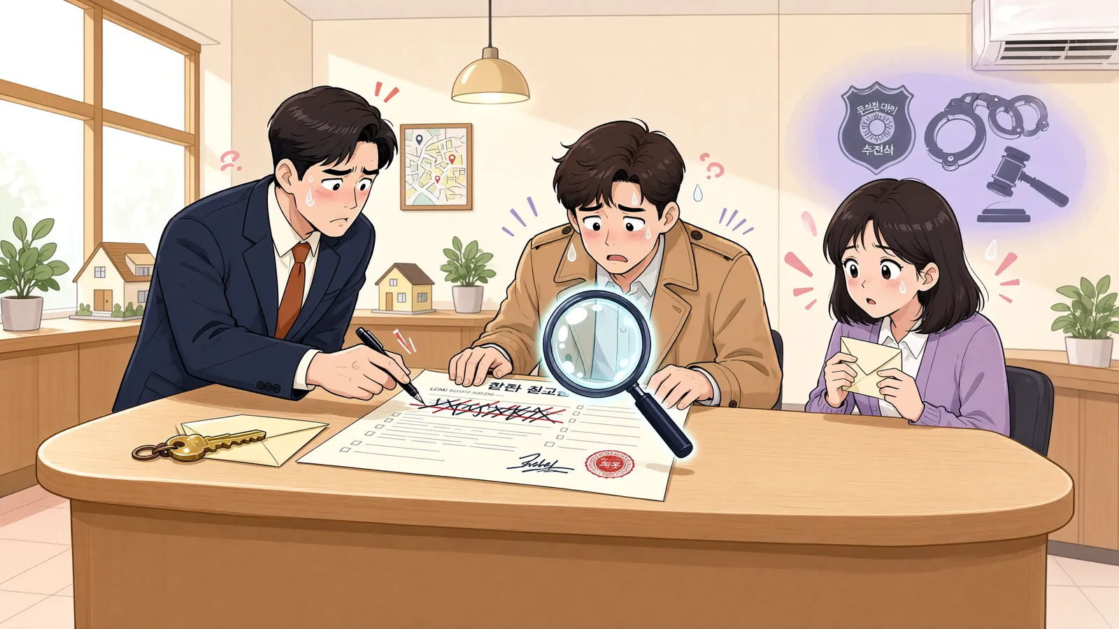 「허위 임대차계약서로 만든 임차권등기, 사기죄의 이익이 될까」 상황을 그린 삽화