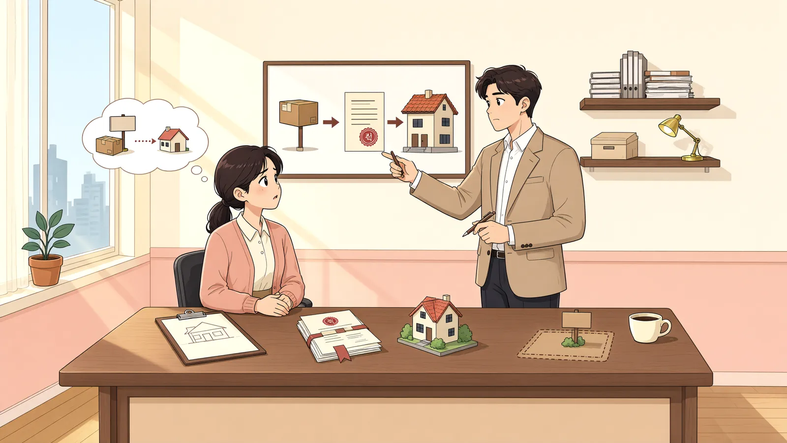 「집보다 먼저 잡힌 땅, 소액임차인의 보증금은 어디서 돌려받을까」 상황을 그린 삽화