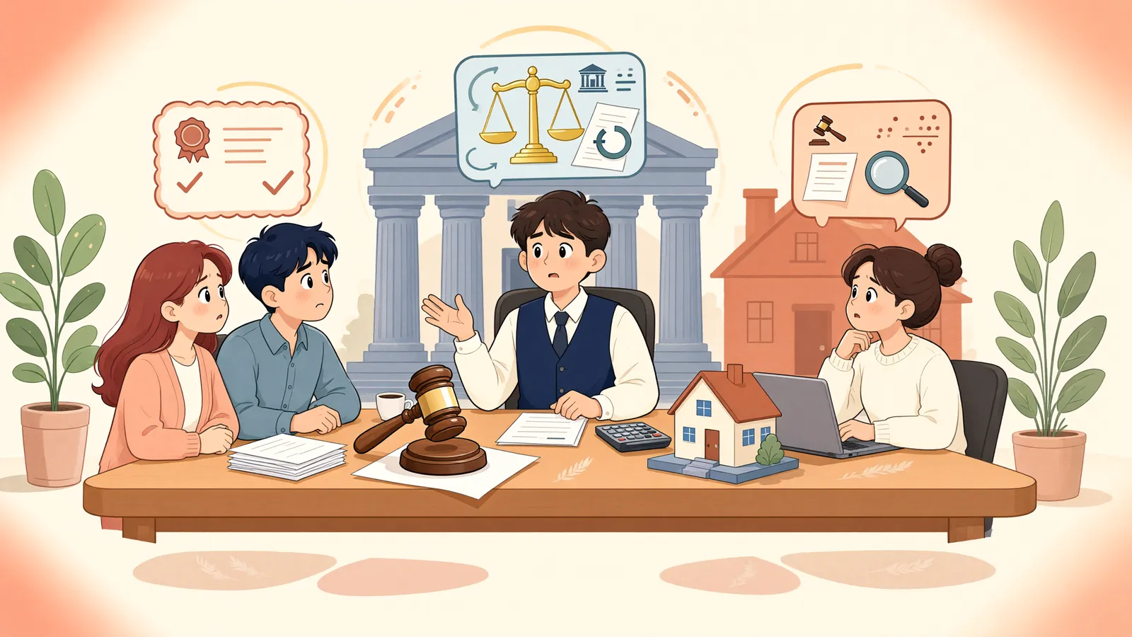 「경매 이의 절차에서 서로 같은 말을 했다면, 법원도 그대로 따라야 할까?」 상황을 그린 삽화