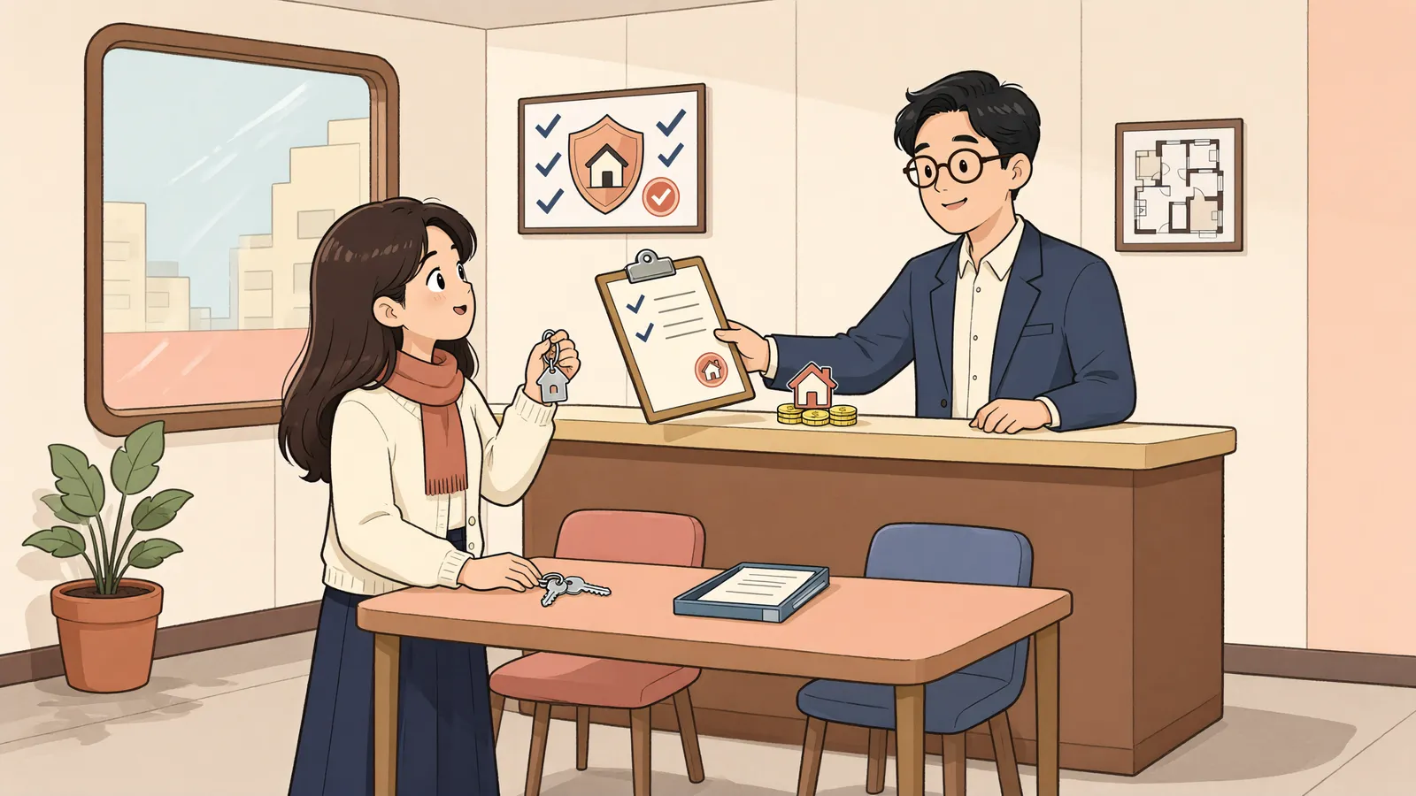 「개인회생 면책 뒤에도 보증금 일부를 청구할 수 있을까」 상황을 그린 삽화