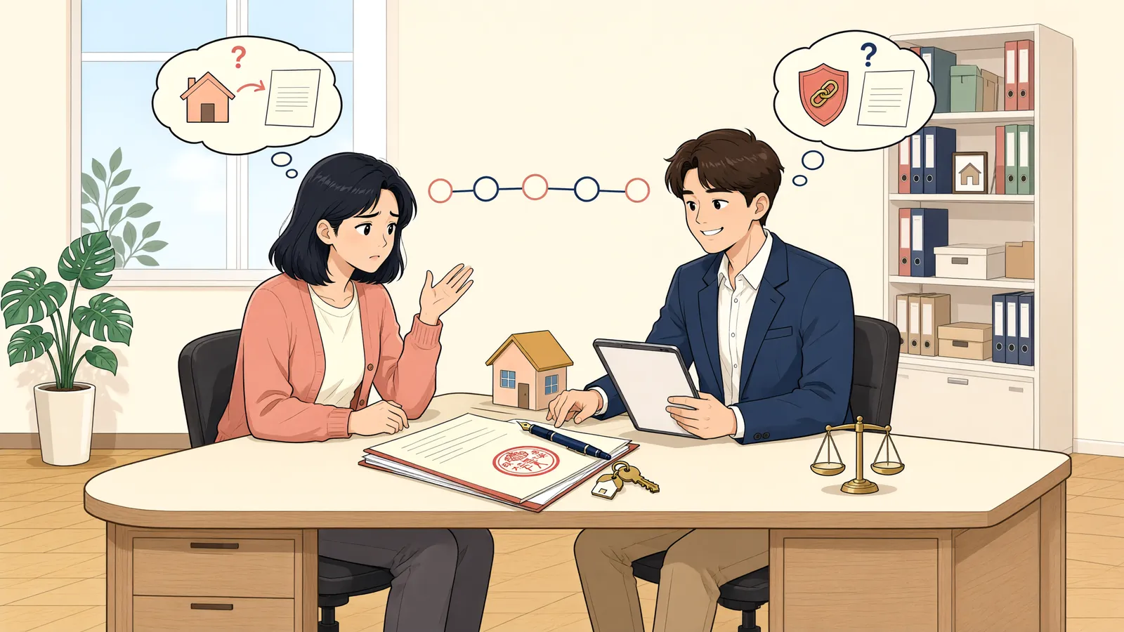「리스계약을 넘긴 뒤에도 남는 매도인의 책임」 상황을 그린 삽화