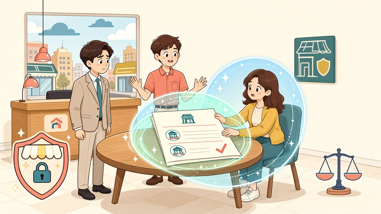 「계약서에 적힌 ‘임대인 마음대로 인상’ 조항, 그대로 따라야 할까」 상황을 그린 삽화