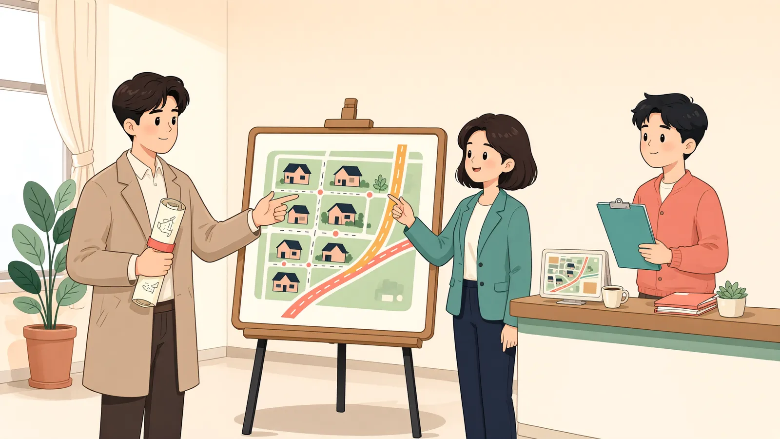 「택지를 팔며 만든 길, 땅주인이 막을 수 있을까?」 상황을 그린 삽화