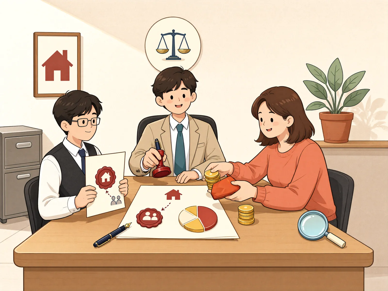「보증인이 빚 일부를 갚았다면, 저당권도 나눠 받아야 할까?」 상황을 그린 삽화