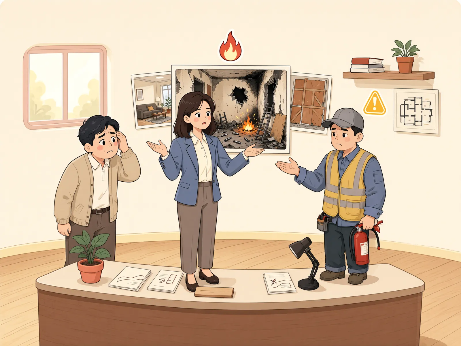 「수리 맡긴 업체의 실수로 난 불, 임대인 책임은 어디까지일까」 상황을 그린 삽화