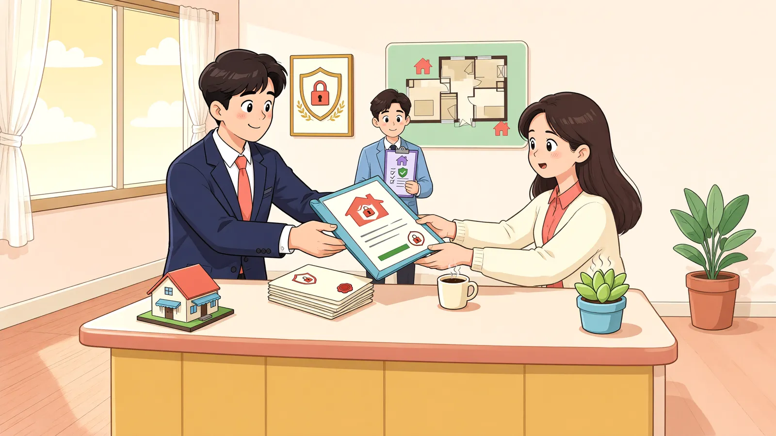 「유치권 행사 중에도 가게를 계속 운영할 수 있을까?」 상황을 그린 삽화