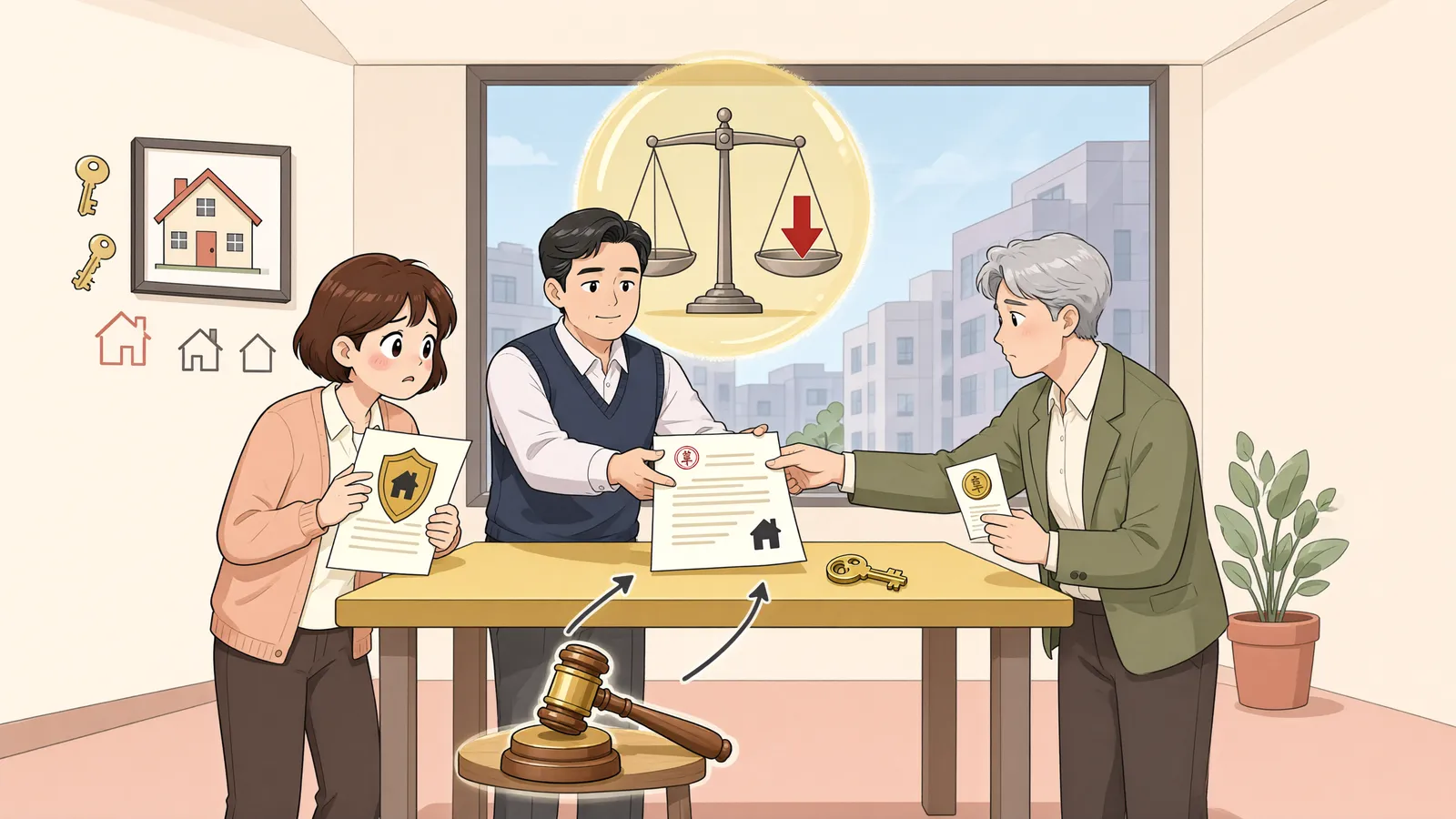 「보증인은 주채무자의 재산을 몰라도 사해행위가 될까요?」 상황을 그린 삽화