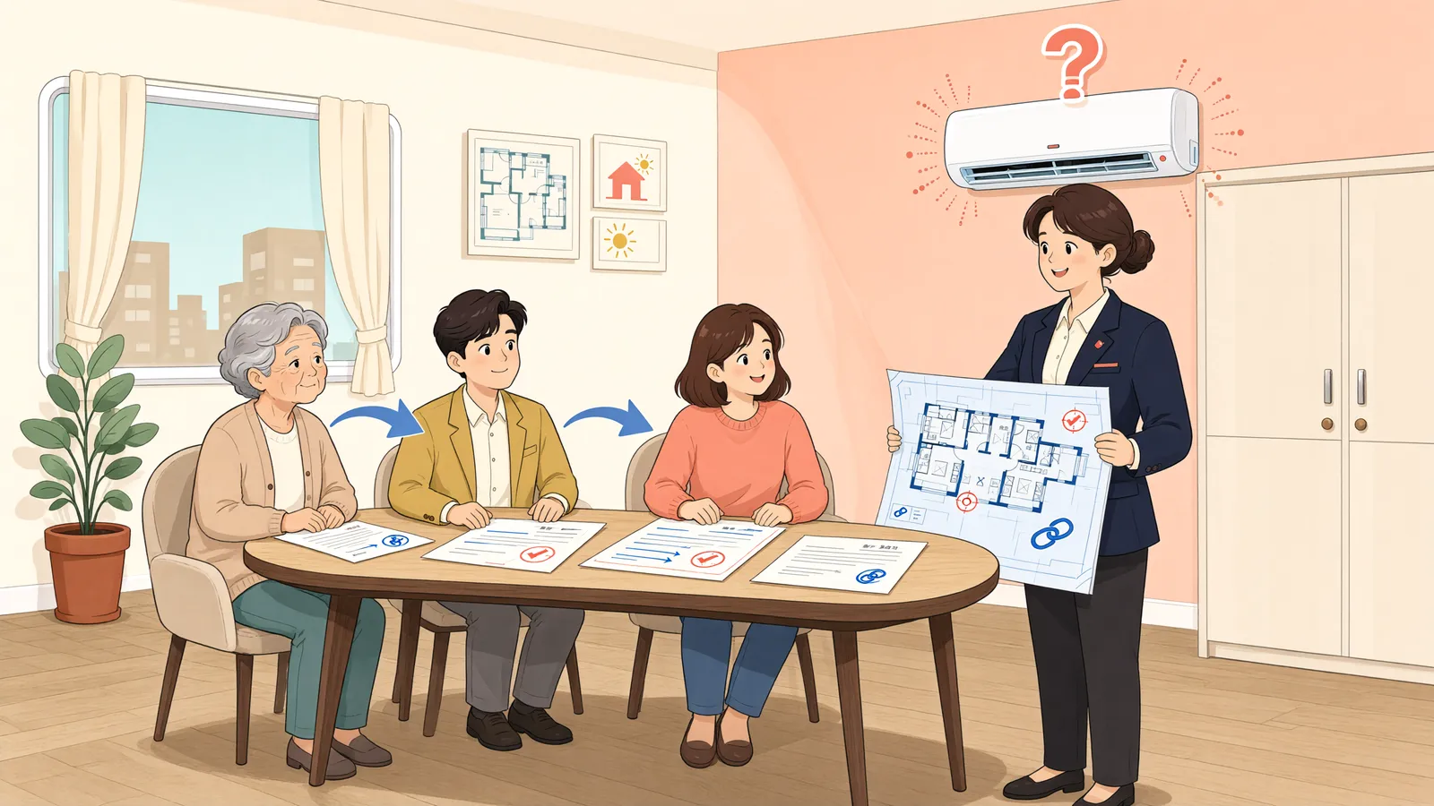 「세 번째 임차인도 붙박이 시설의 값을 청구할 수 있을까」 상황을 그린 삽화