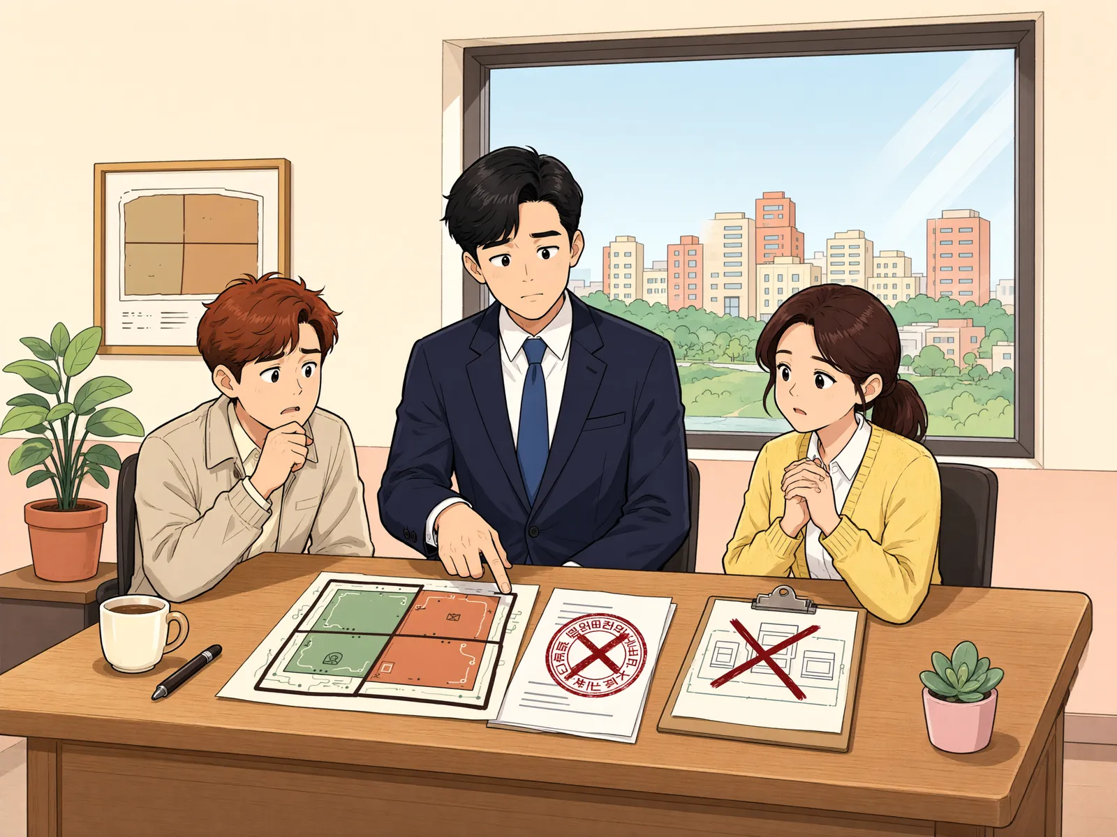 「공유물분할 판결이 있어도 토지분할 허가는 별도로」 상황을 그린 삽화