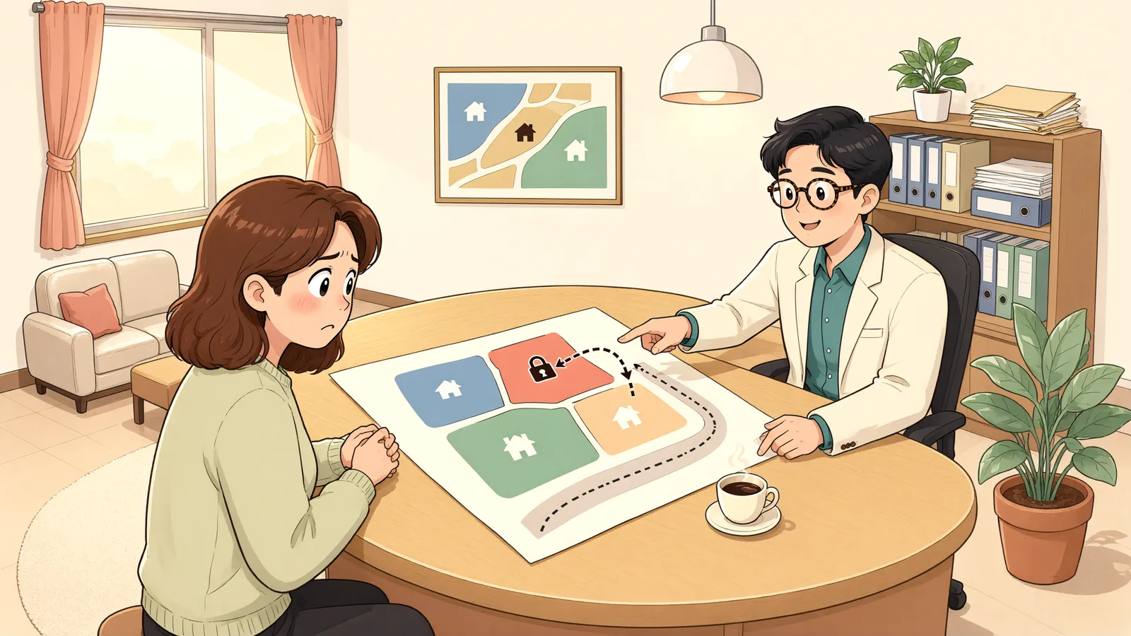 「분할 뒤 맹지가 된 땅, 가장 가까운 이웃 땅으로 나갈 수 있을까」 상황을 그린 삽화