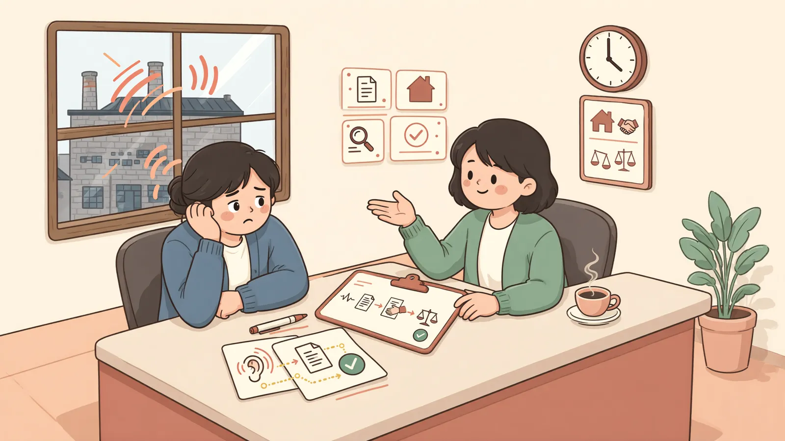 「공장 야간소음, 세입자도 멈춰 달라고 할 수 있을까?」 상황을 그린 삽화