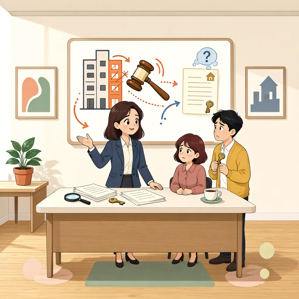 「2층 전세권 경매, 1층 임차권도 함께 사라질까?」 상황을 그린 삽화