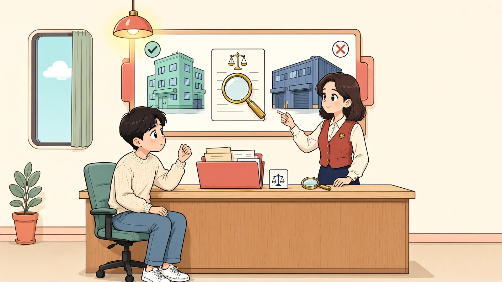 「주택으로 등록된 건물, 실제로는 작업실이라면?」 상황을 그린 삽화