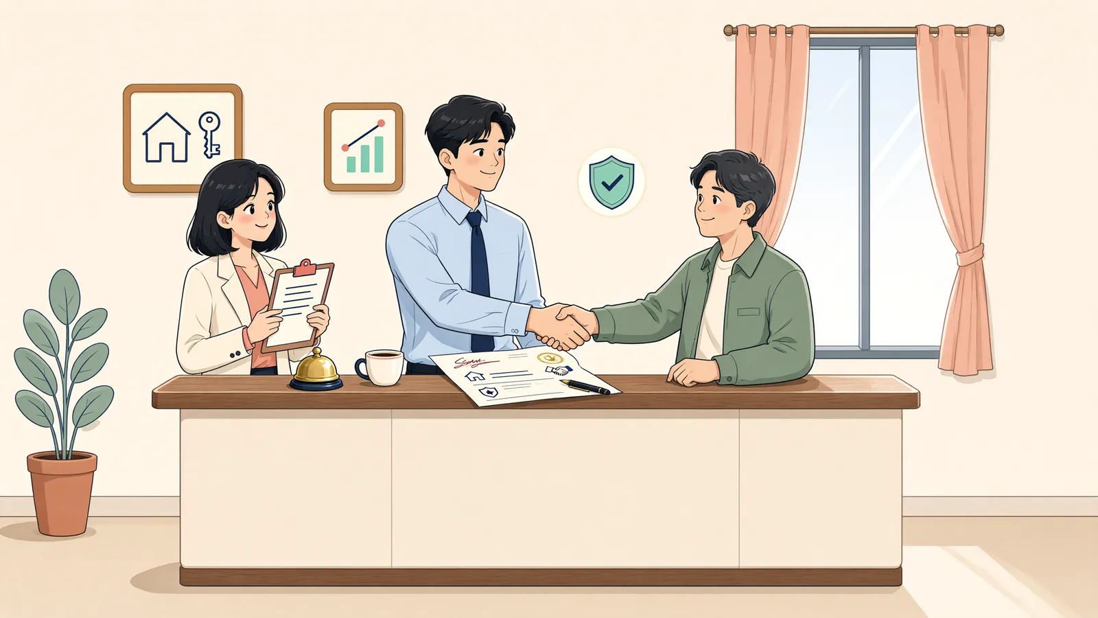 「계약서에 ‘권리금 인정’이라고 쓰여 있다면, 만기 때 돌려줘야 할까?」 상황을 그린 삽화