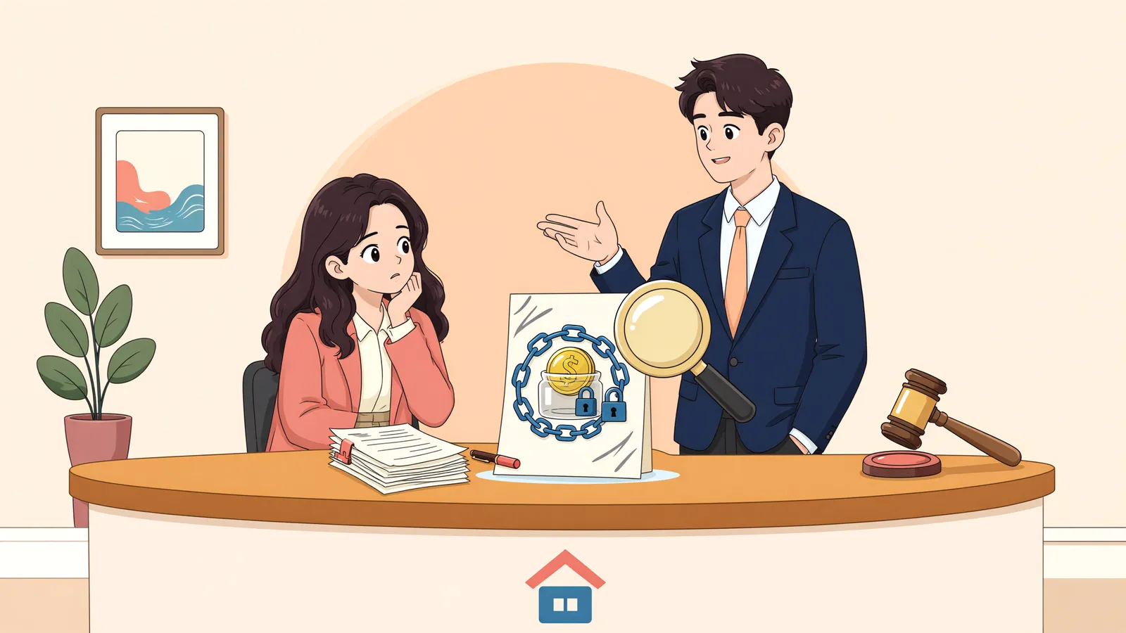 「거래 은행을 몰라도 예금채권 가압류를 신청할 수 있을까」 상황을 그린 삽화