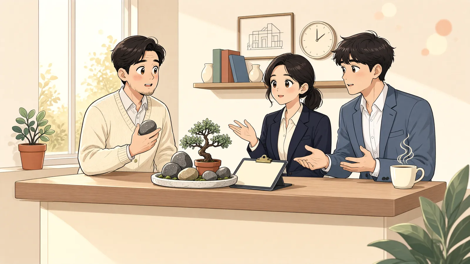 「정원석과 나무, 집을 팔면 함께 넘어갈까?」 상황을 그린 삽화