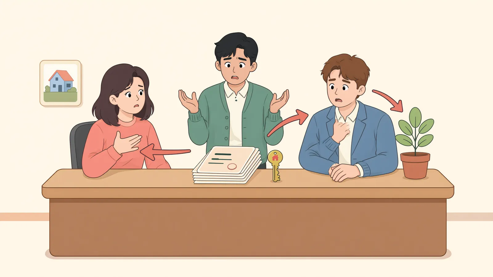 「A 건물 등기청구권, B 건물 말소청구권으로 지킬 수 있을까」 상황을 그린 삽화